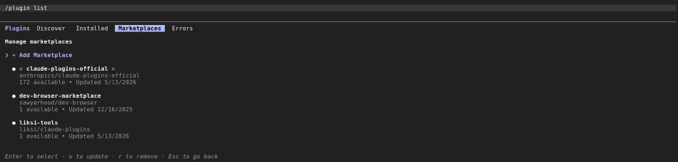 L'onglet Marketplaces de /plugin list : liksi-tools apparaît aux côtés du marketplace officiel